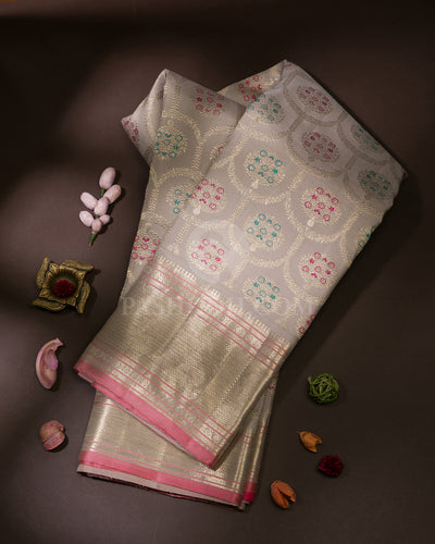 Ash Grey And Baby Pink Kanjivaram Silk Saree - S1052(B)