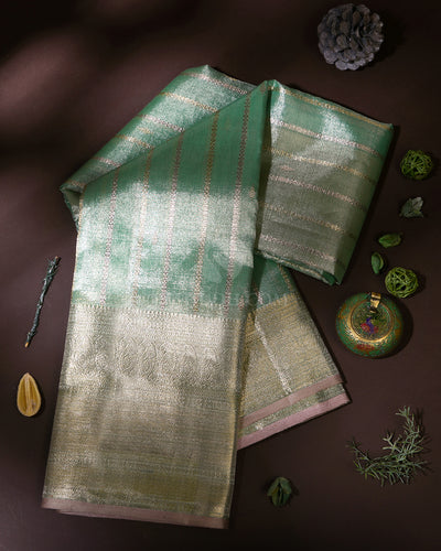 Sea Green & Khaki Shimmer Organza Kanjivaram Silk Saree - S808 - View 1
