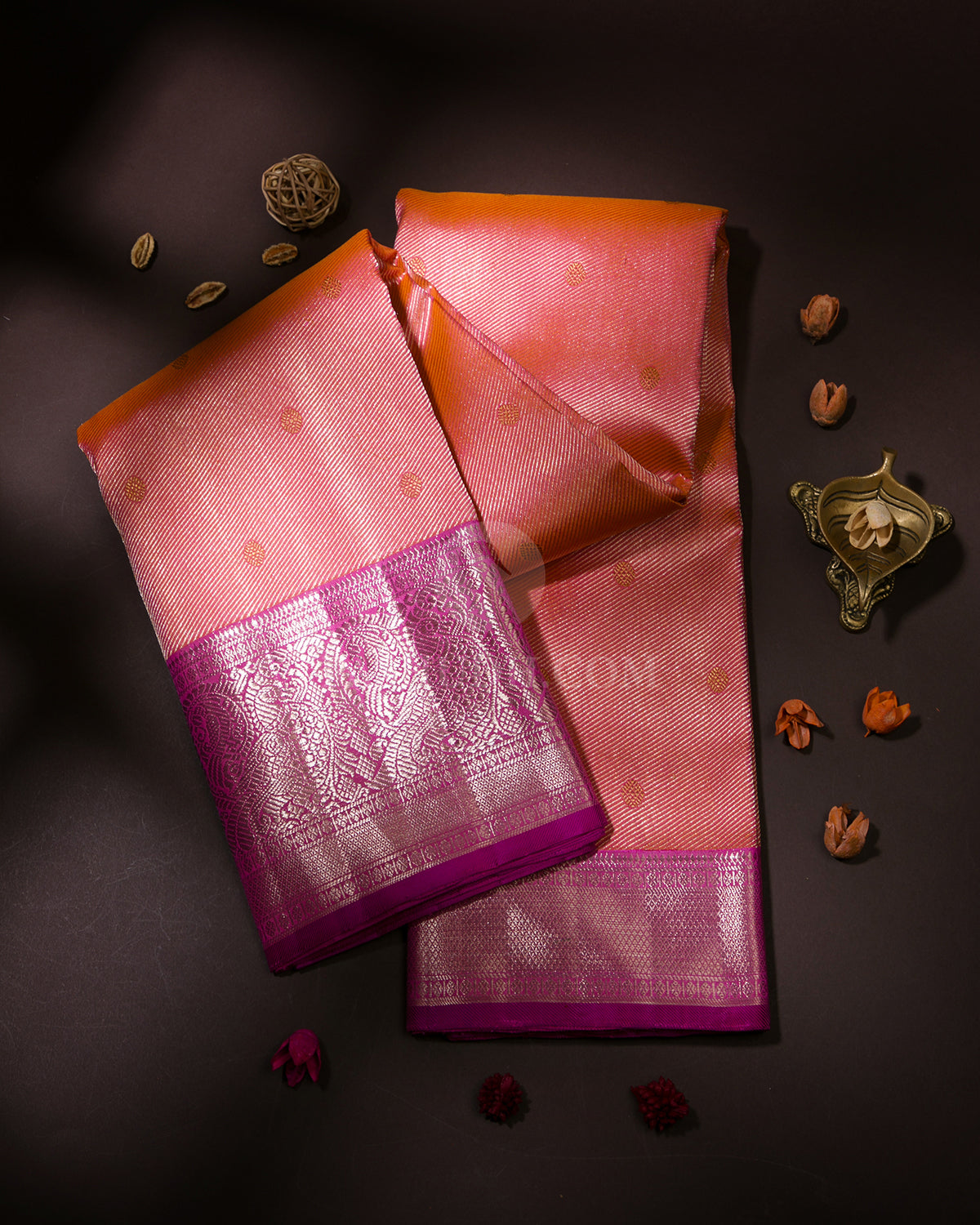 Coral Orange & Rouge Pink Kanjivaram Silk Saree - S1003