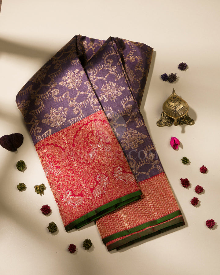 Heather Purple Shot Black & Red Kanjivaram Silk Saree - S1048(A)