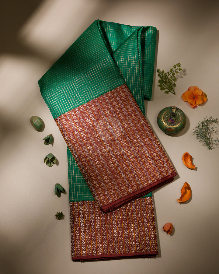 Emerald Green & Chestnut Brown Kanjivaram Silk Saree - S974