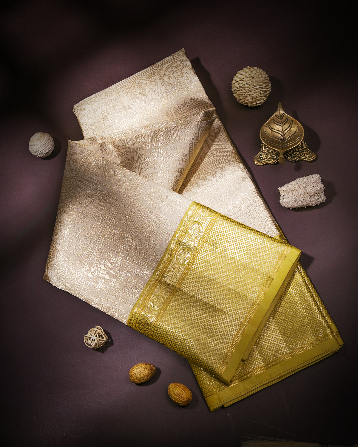 Ivory Cream & Tuscany Yellow Kanjivaram Silk Saree - S861 -View 1