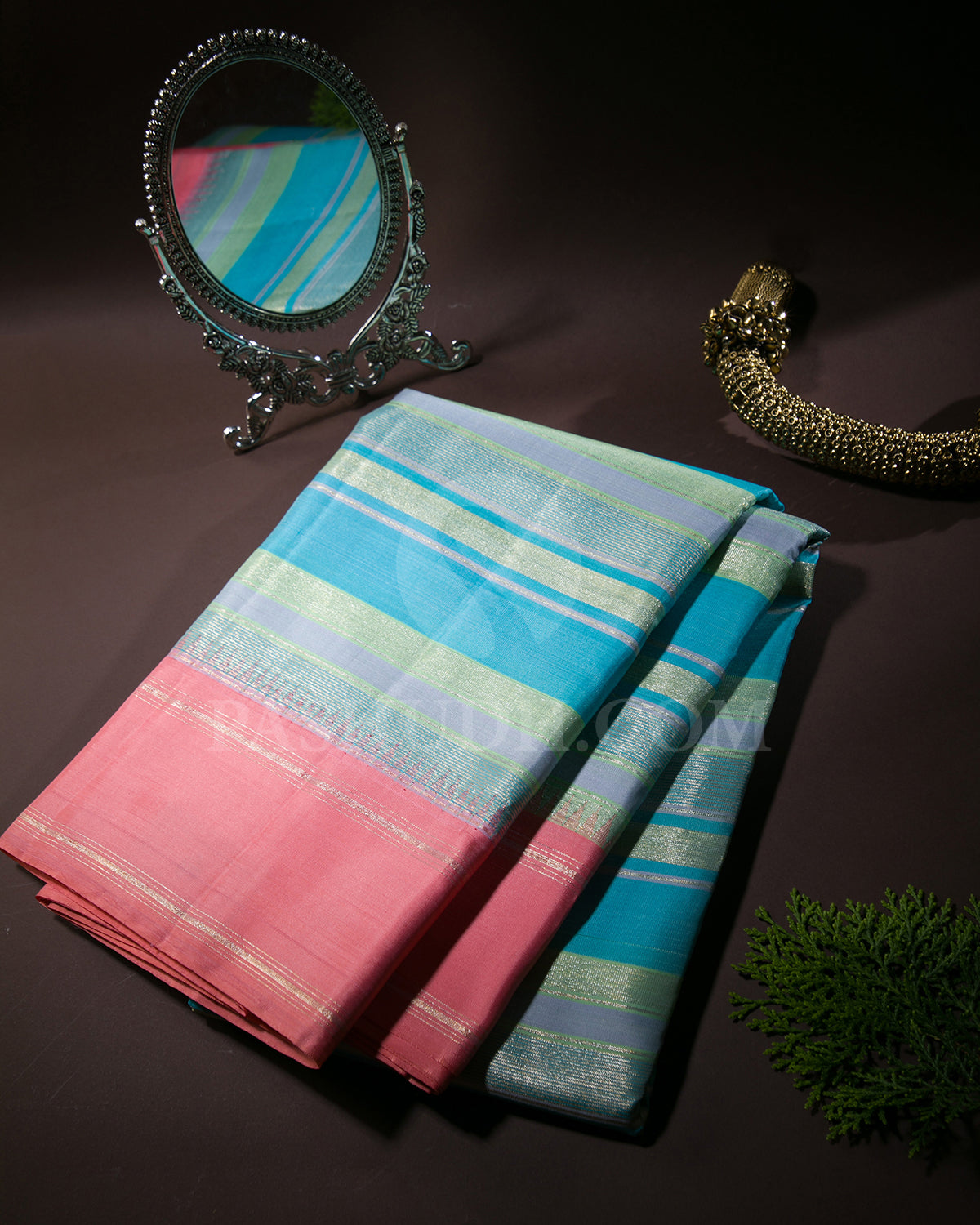 Shades of Blue and Green, And Pink Traditional Kanjivaram Silk Saree -AK13