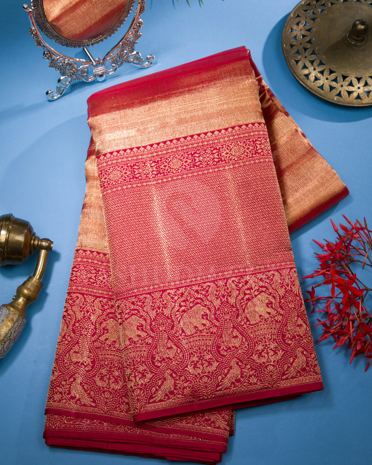 Red Shimmer Organza Kanjivaram Silk Saree - S1347(B)