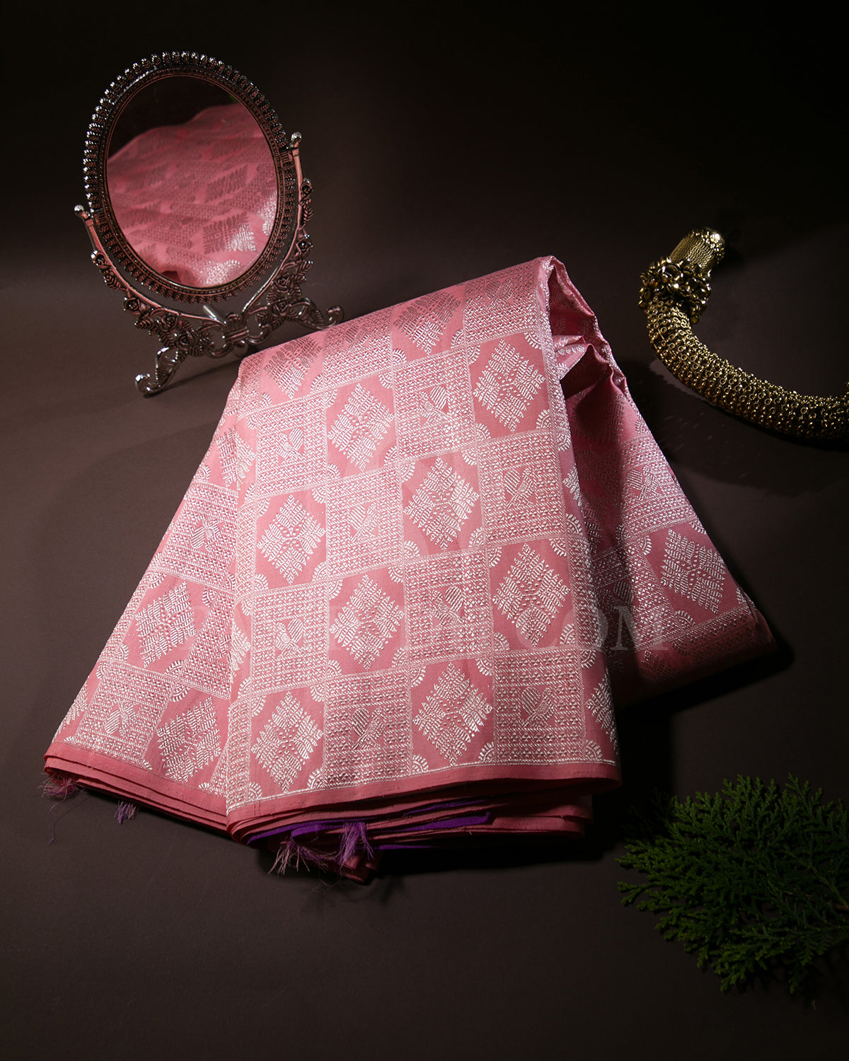 Peachy Pink And Dark Lavender Borderless Kanjivaram Silk Saree - SVJ74