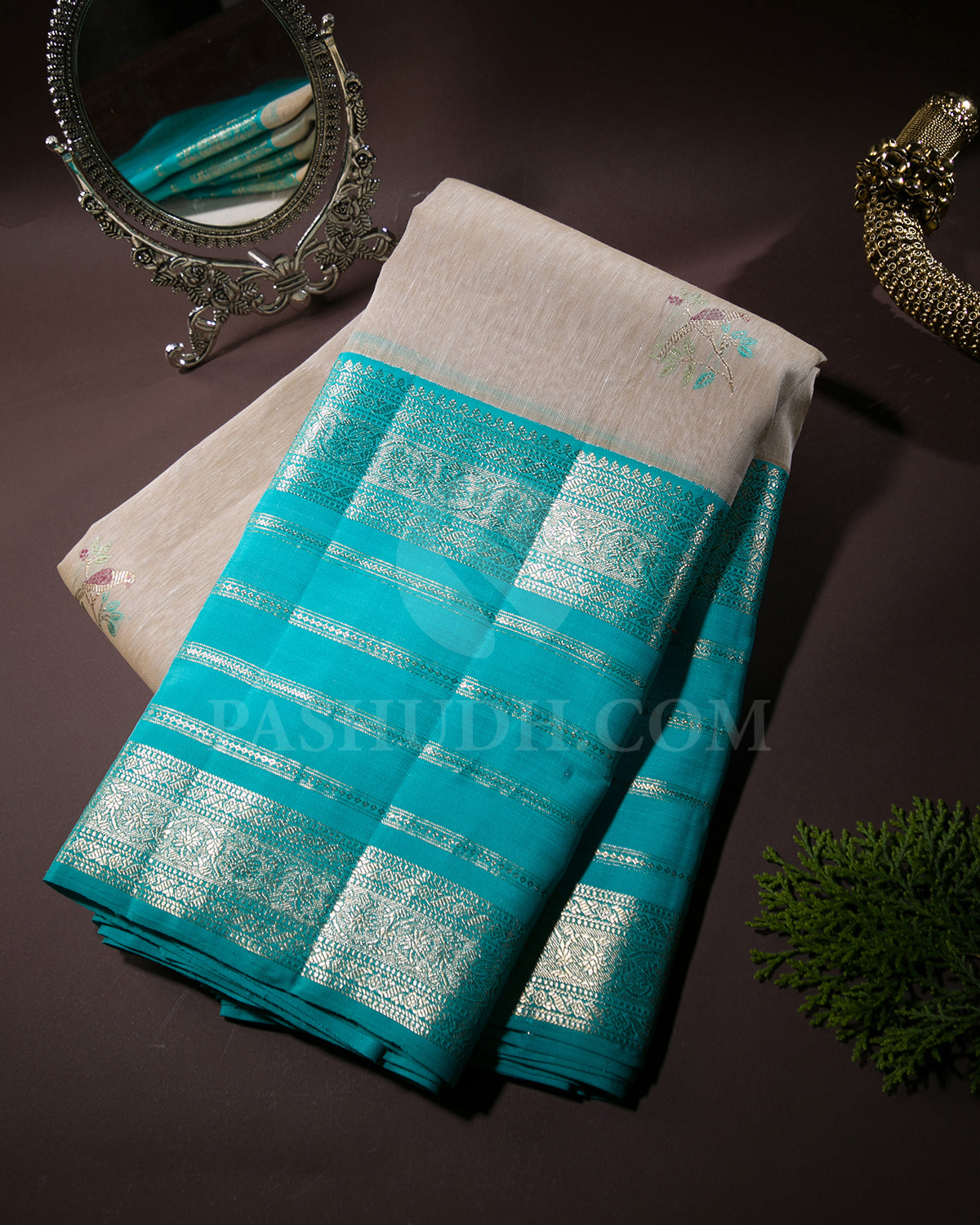 Off White And Turquoise Blue Linen Style Woven Kanjivaram Silk Saree - AK14