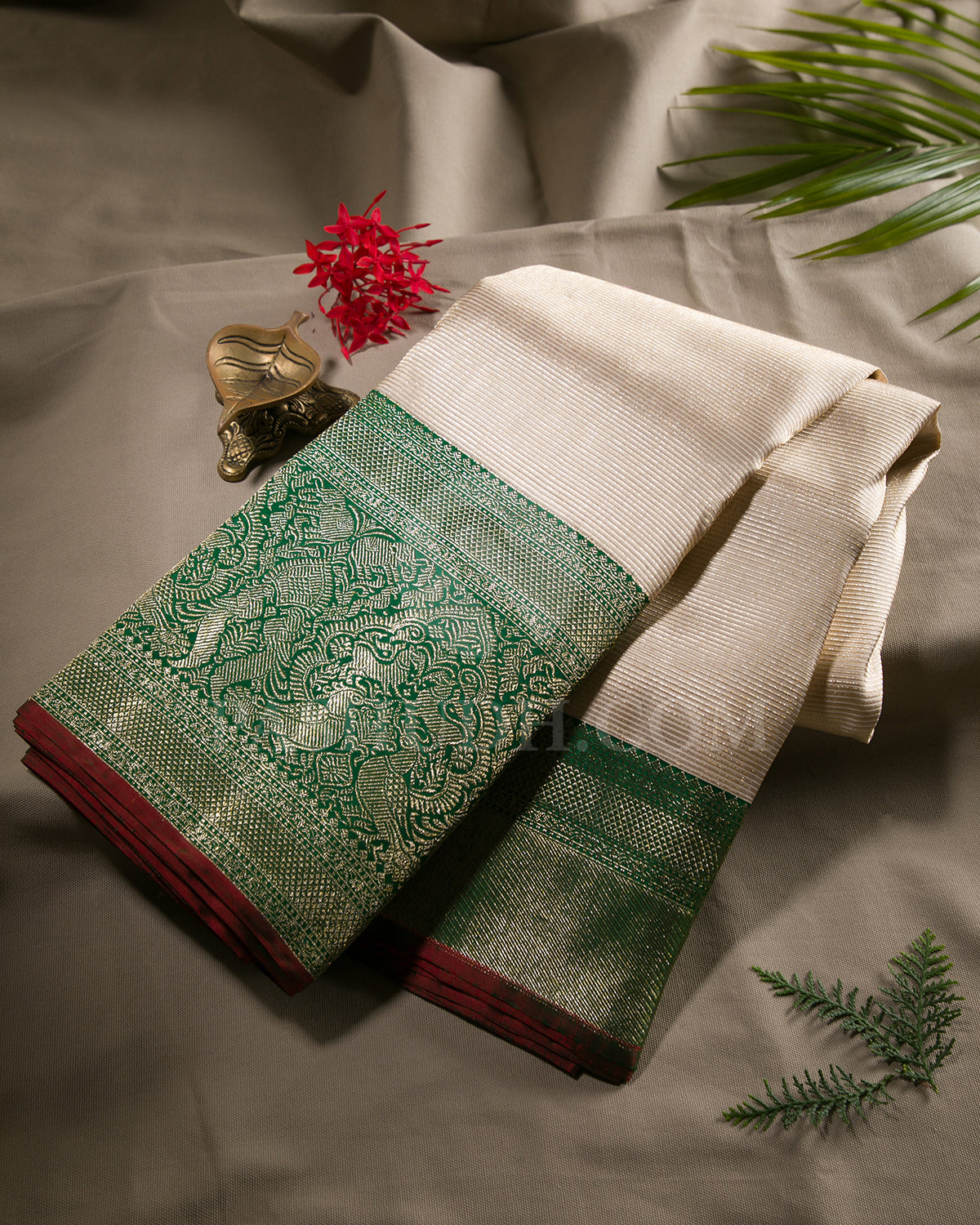 Off White And Forest Green Kanjivaram Silk Saree - S1234(D)