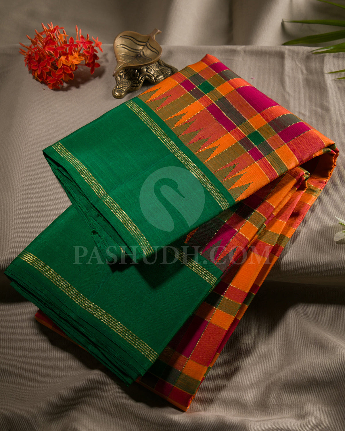 Maroon, Orange, Green And Dark Green Traditional Kanjivaram Silk Saree - SVJ69