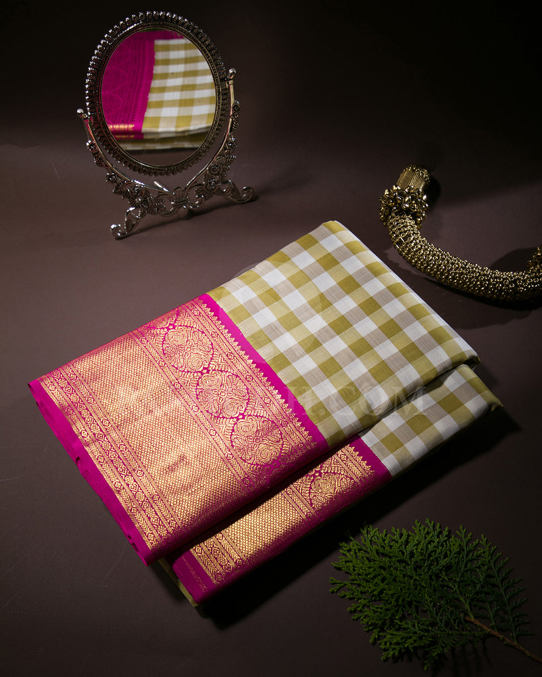 Off White, Khaki And Rani Pink Kora Kanjivaram Silk Saree - SVJ66