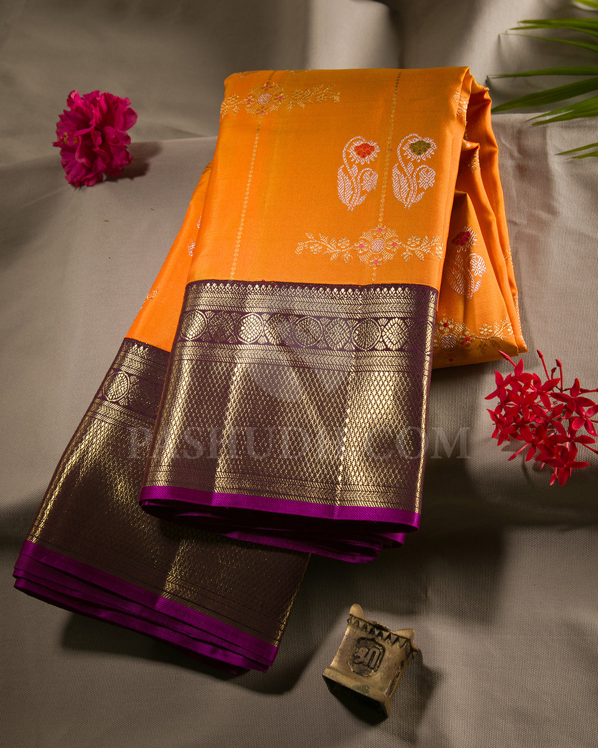 Orange And Deep Brown Pure Zari Kanjivaram Silk Saree - P168(A)