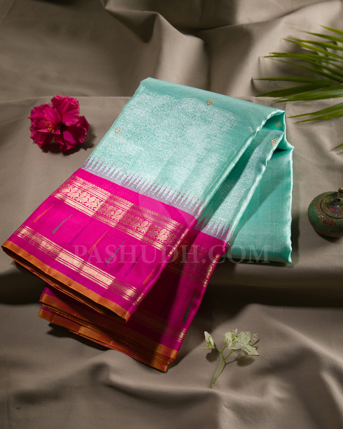 Sky Blue and Bright Pink Shimmer Kanjivaram Silk Saree with Paithani Border - S1358(A)