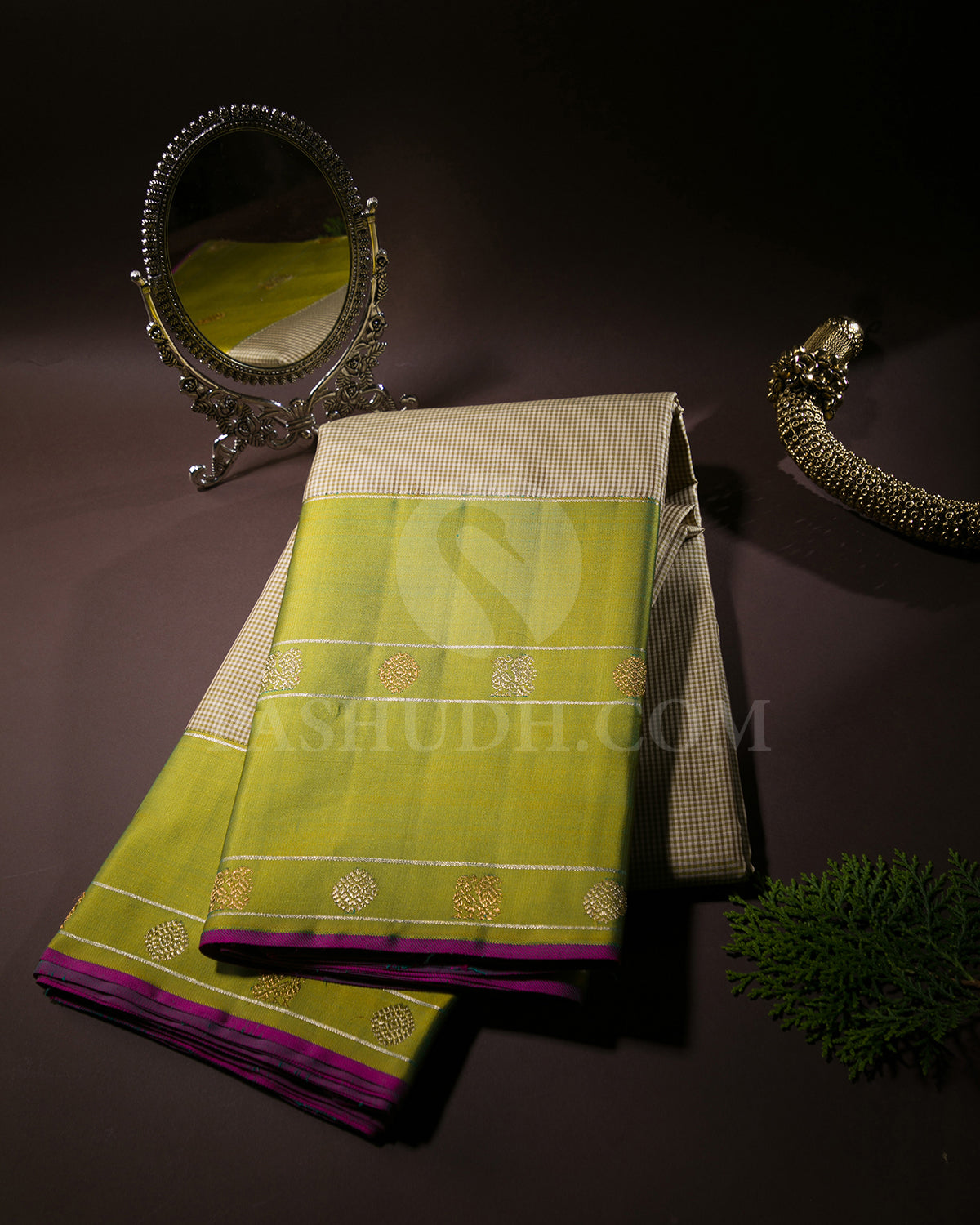 Off White, Beige Checkered And Alli Green Kanjivaram Silk Saree - S1361(A)