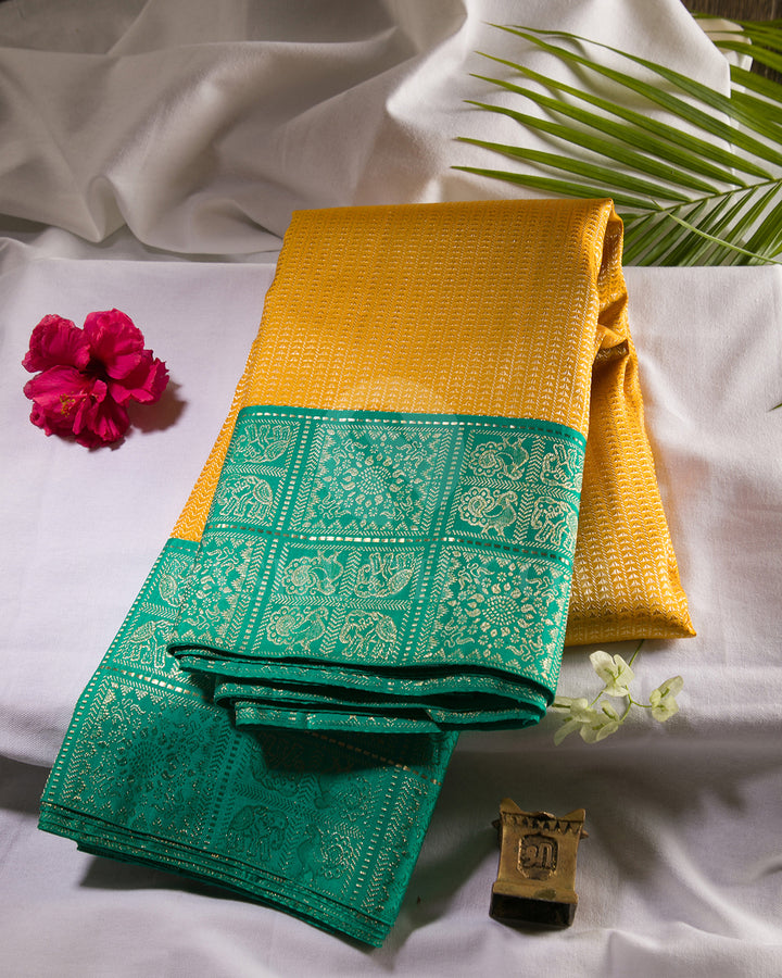 Mango Yellow And Sapphire Green Kanjivaram Silk Saree - S1305(B)