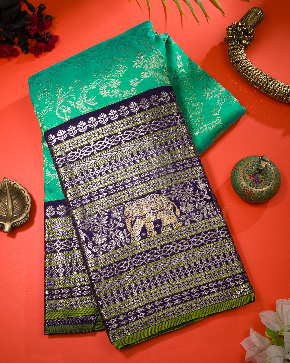 Sapphire Green And Navy Blue Kanjivaram Silk Saree - S1355(A)