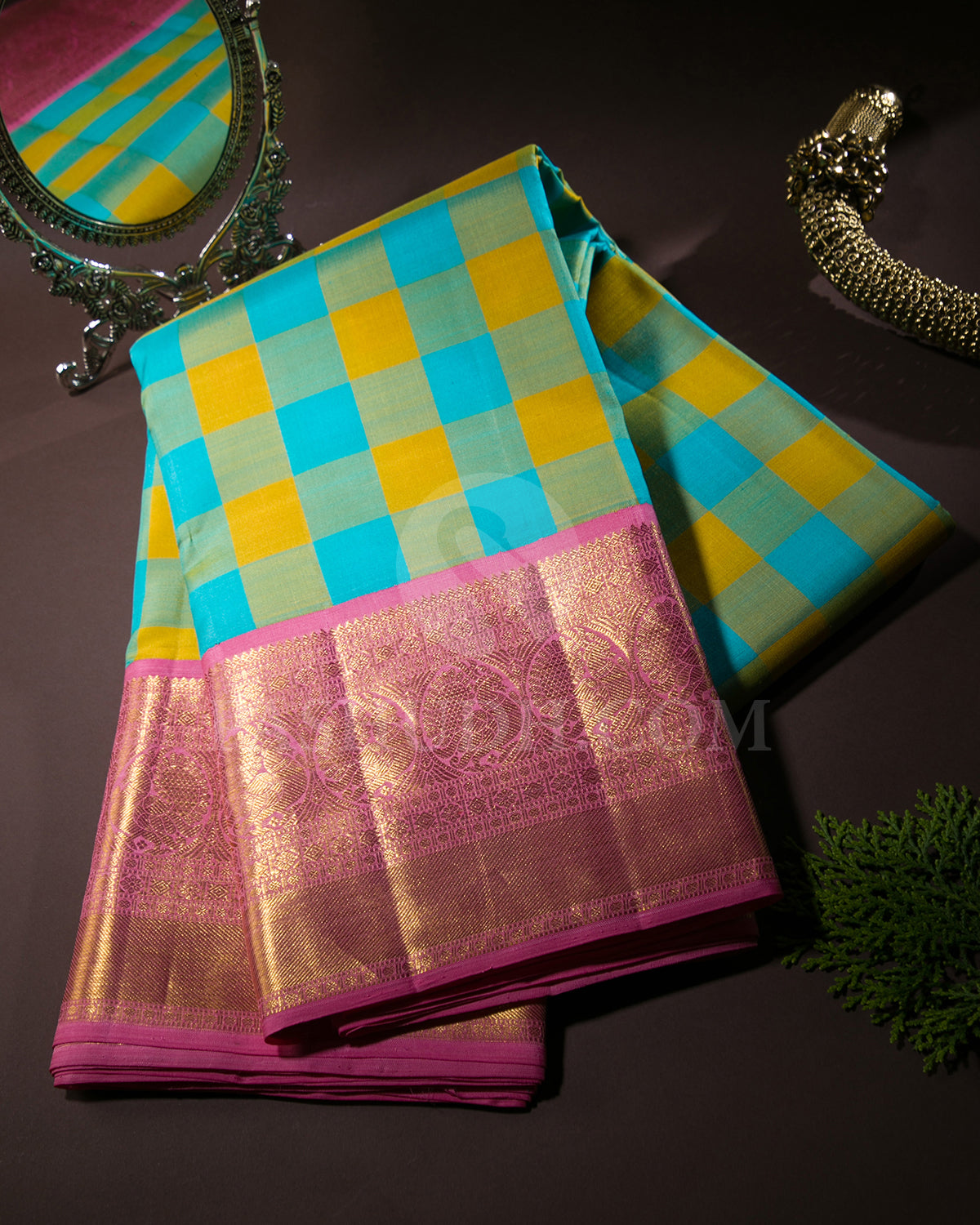 Mustard Yellow And Anandha Blue Checkered, Pink Traditional Kanjivaram Silk Saree - SVJ68