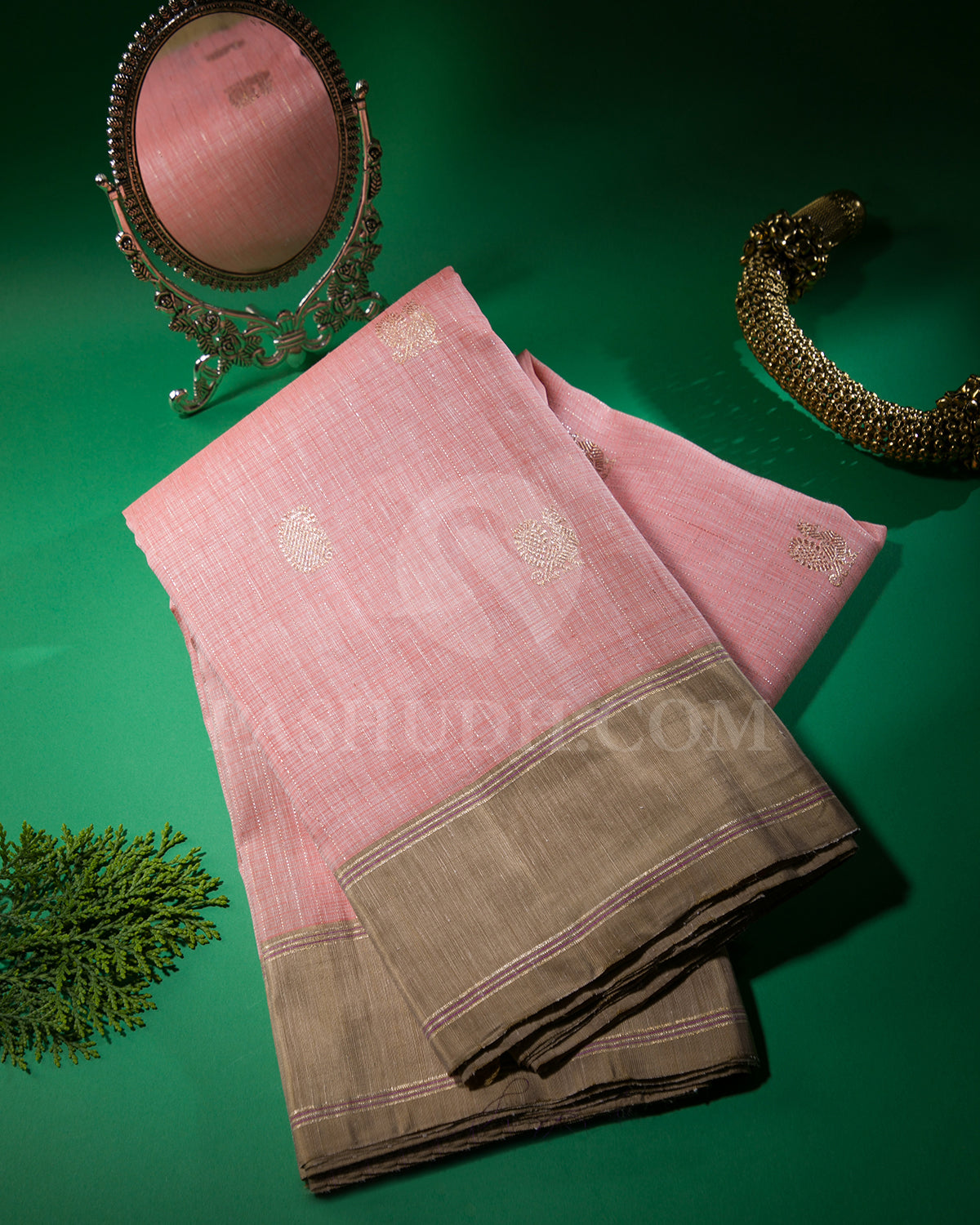 Peachy Pink and Khaki Linen Style Woven Traditional Kanjivaram Silk Saree - AK15