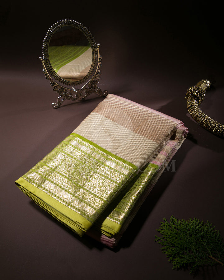 Off White, Light Pink, Beige And Leaf Green Kanjivaram Silk Saree - S1360(B)