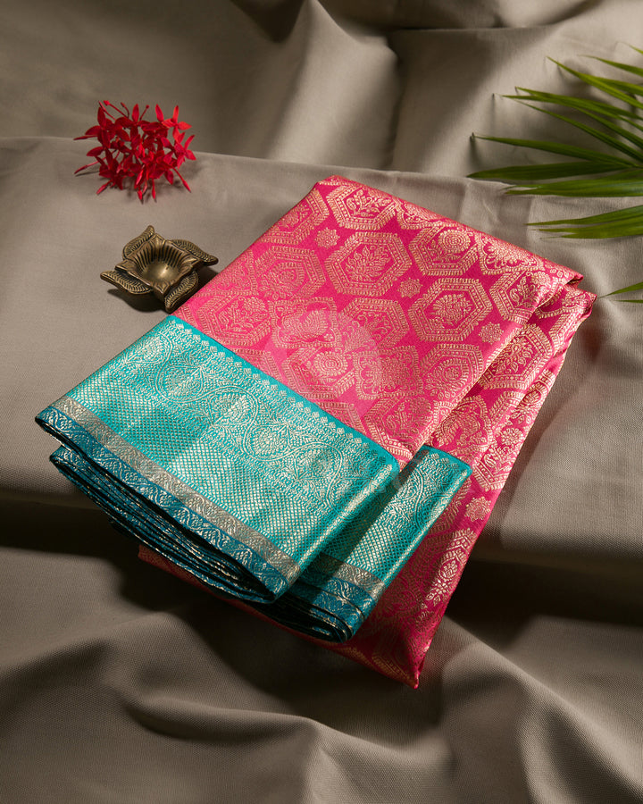 Watermelon Pink And Turquoise Blue Kanjivaram Silk Saree - S1308(A)