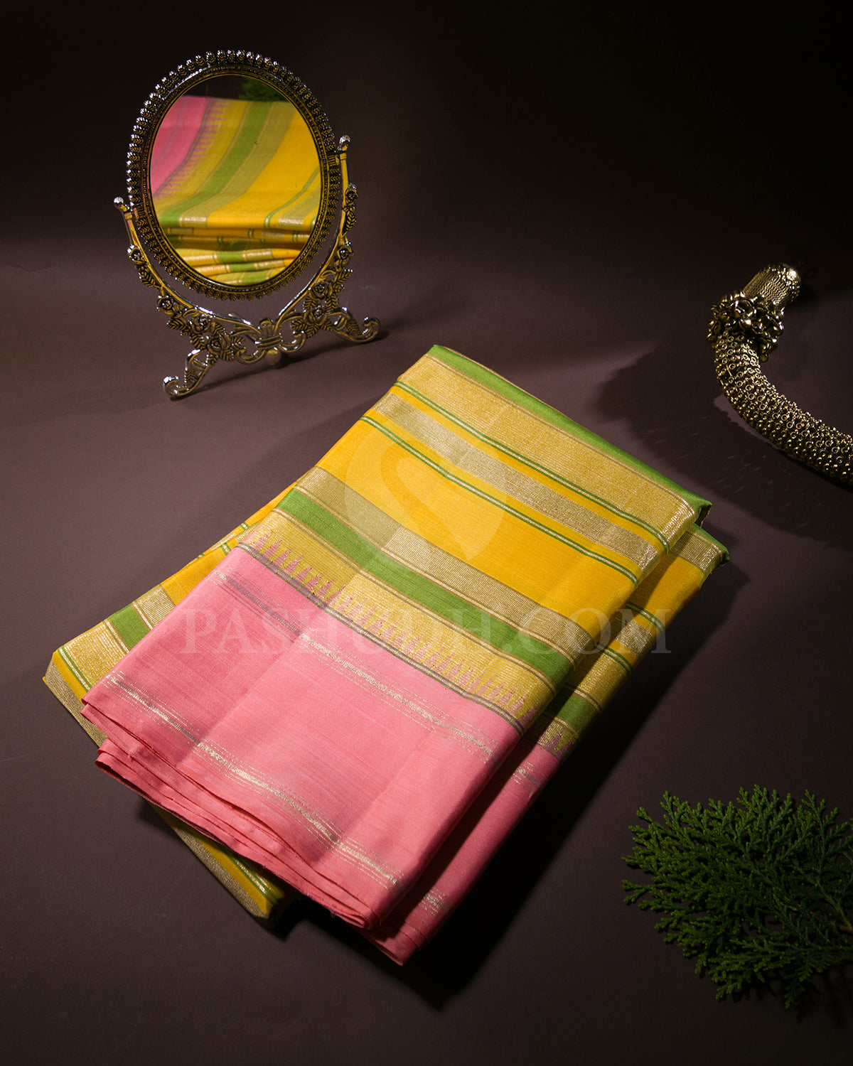 Mustard Yellow, Green And Peachy Pink Traditional Kanjivaram Silk Saree - AK16