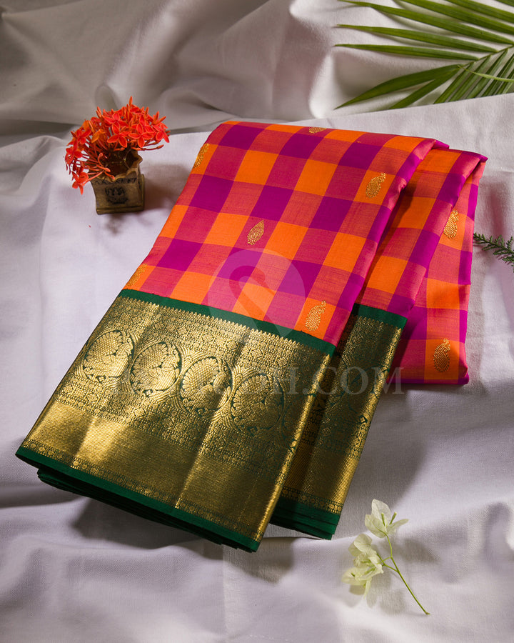 Magenta, Orange And Forest Green Traditional Kanjivaram Silk Saree - SVJ65