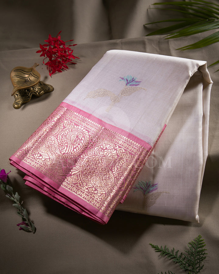 Off White And Baby Pink Kora Kanjivaram Silk Saree - S1365(A)