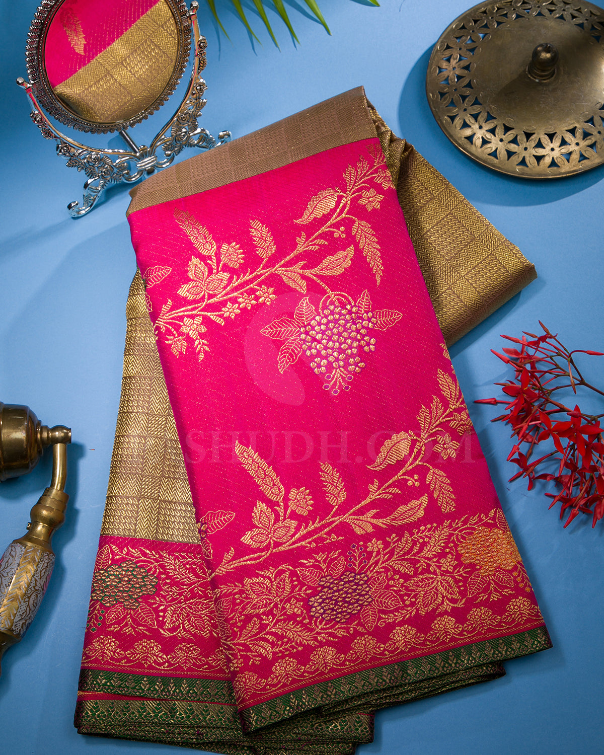 Pastel Brown and Rani Pink Pure Zari Kanjivaram Silk Saree - P166(A)