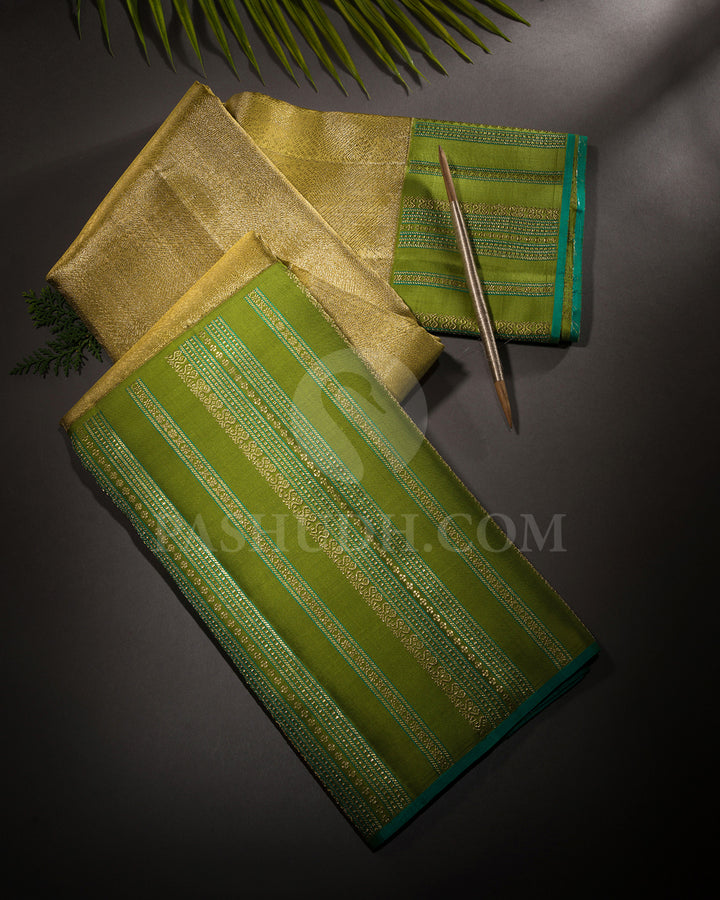 Gold And Pear Green Tissue Shimmer Kanjivaram Silk Saree - S1420(A)