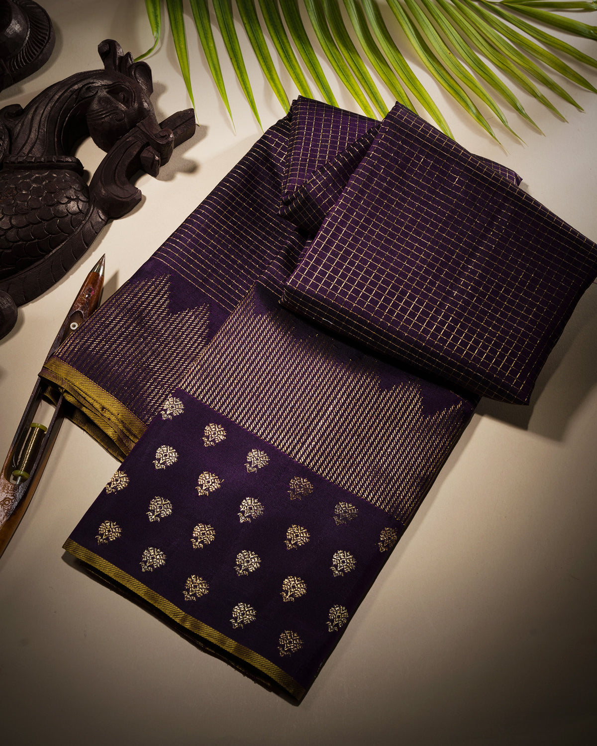 Eggplant Purple and Golden Ivory Kanjivaram Silk Saree - S1034(C)