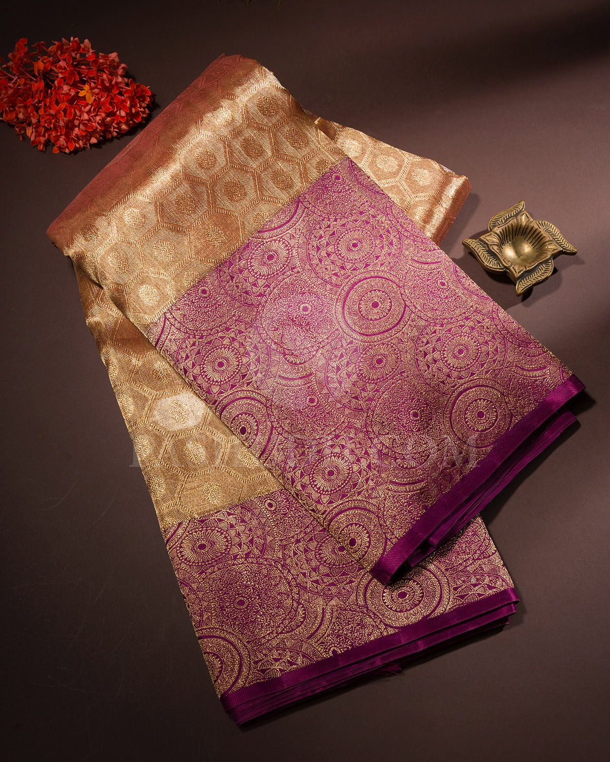 Gold And Violet Shimmer Organza Kanjivaram Silk Saree - S1373(A)