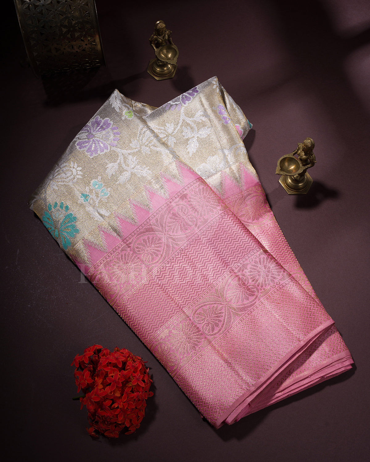 Silver gold And Baby Pink Tissue Kanjivaram Silk Saree - BKB14