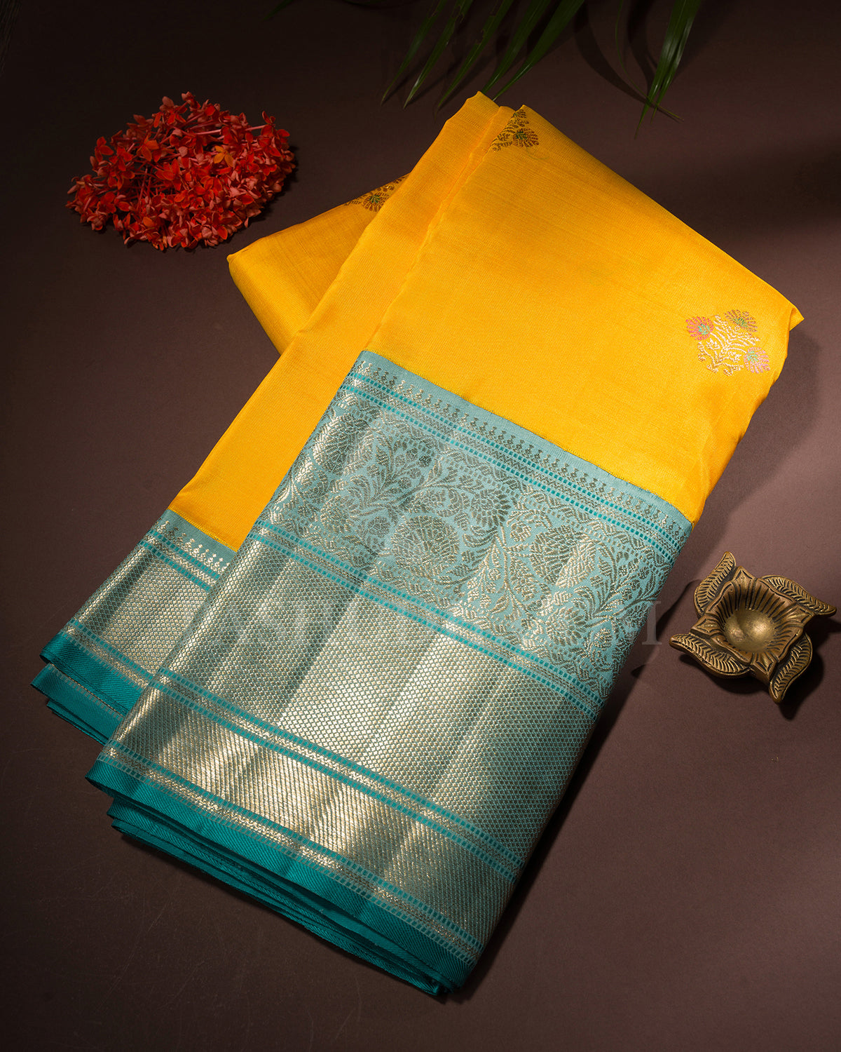 Turmeric Yellow And Light Teal Blue Kanjivaram Silk Saree - S1375(A)