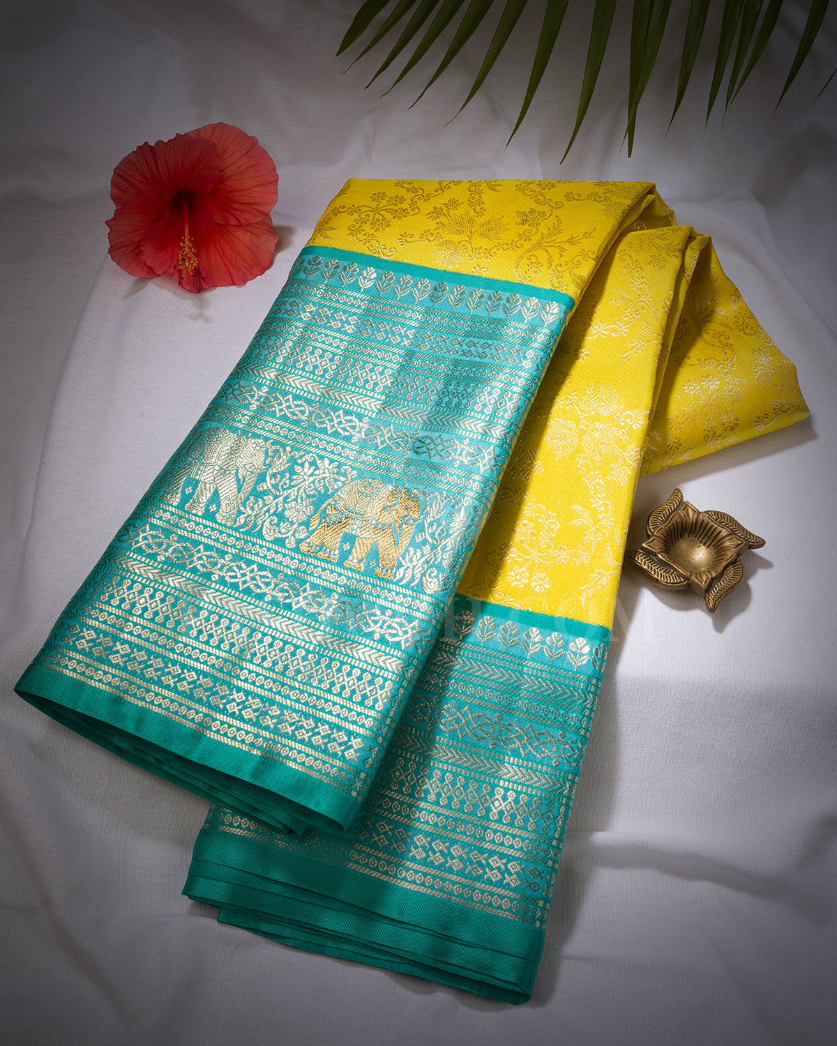 Neon Yellow And Sky Blue Kanjivaram Silk Saree - S1398(A)