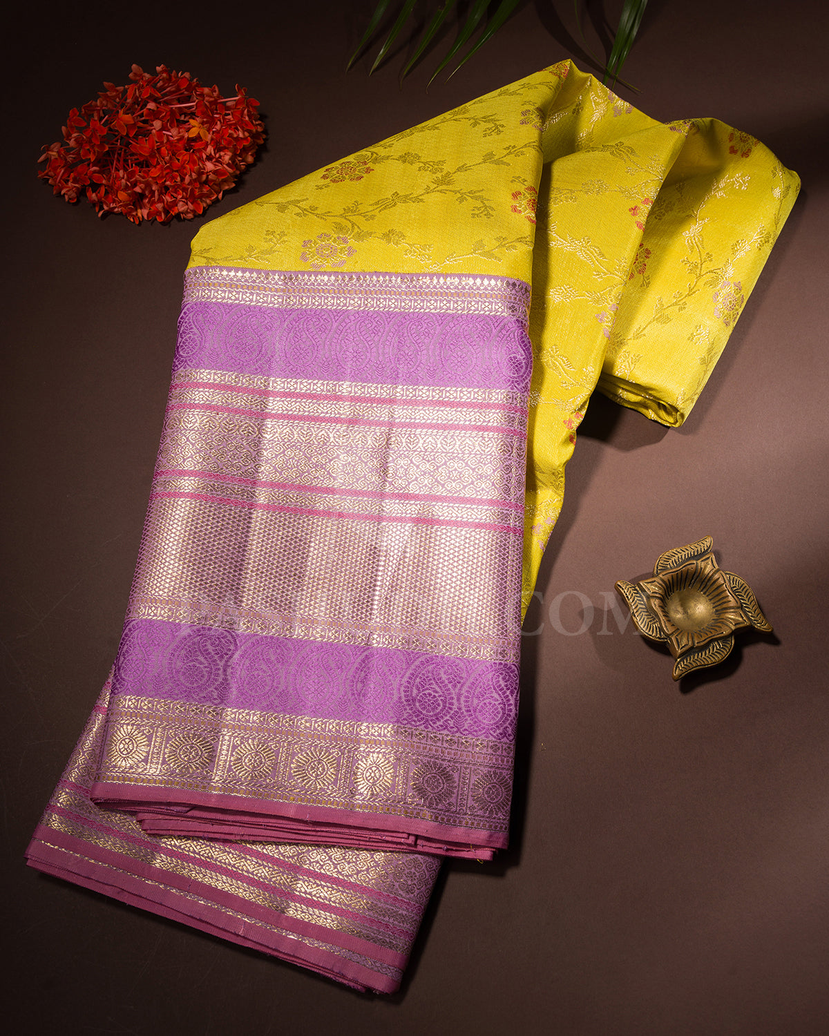 Neon Yellow And Lavender Kanjivaram Silk Saree - S1391(A)