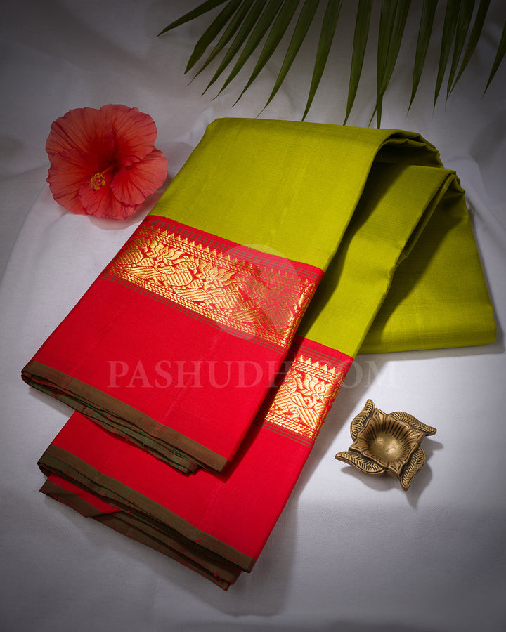 Olive Green And Red Kanjivaram Silk Saree - BKF19