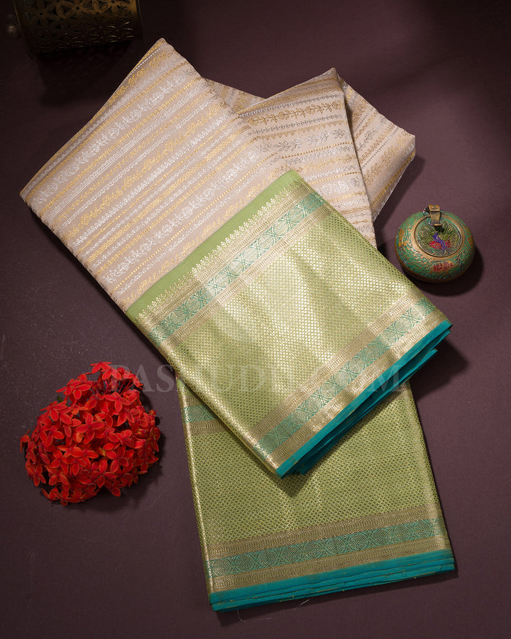 Ivory, Beige And Pear Green Kanjivaram Silk Saree - S1016(G)
