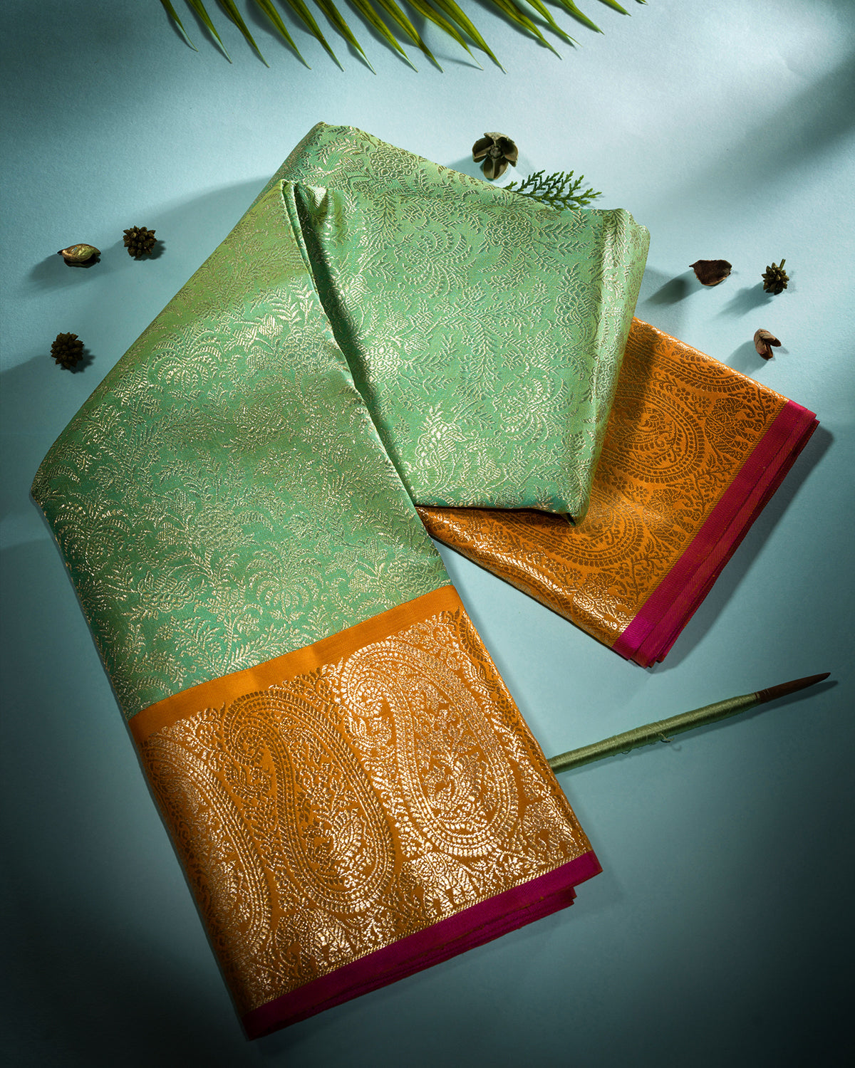 Mint Green And Orange Kanjivaram Silk Saree - S1190(C)