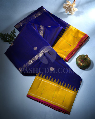 Royal Blue And Mustard Yellow Kanjivaram Silk Saree - S1414(A)