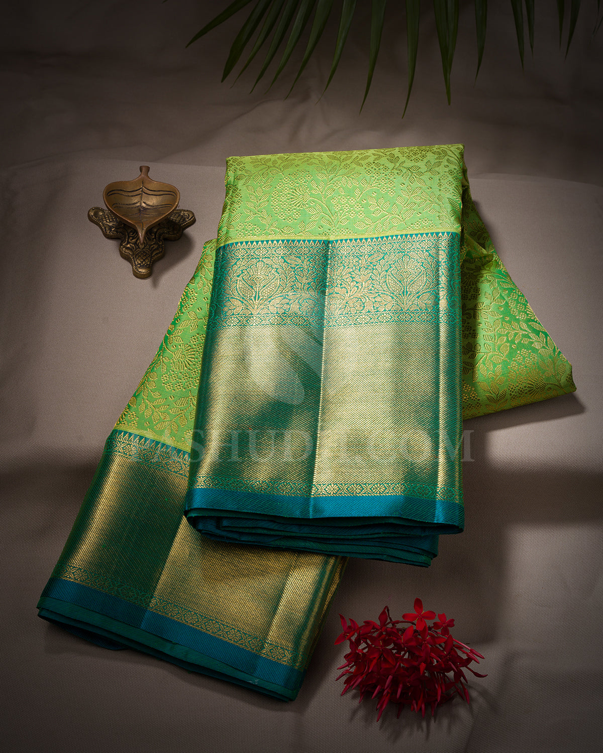 Pear Green And Teal Kanjivaram Silk Saree - BKB4