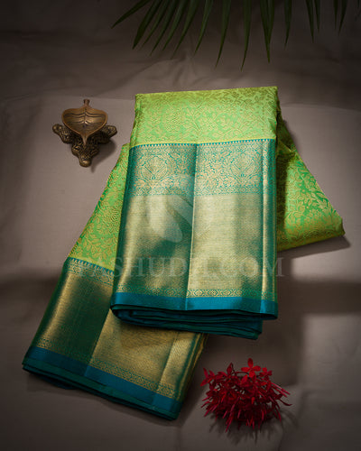 Pear Green And Teal Kanjivaram Silk Saree - BKB4