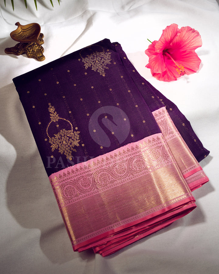 EggPlant Purple And Baby Pink Kanjivaram Silk Saree - S1173( C )
