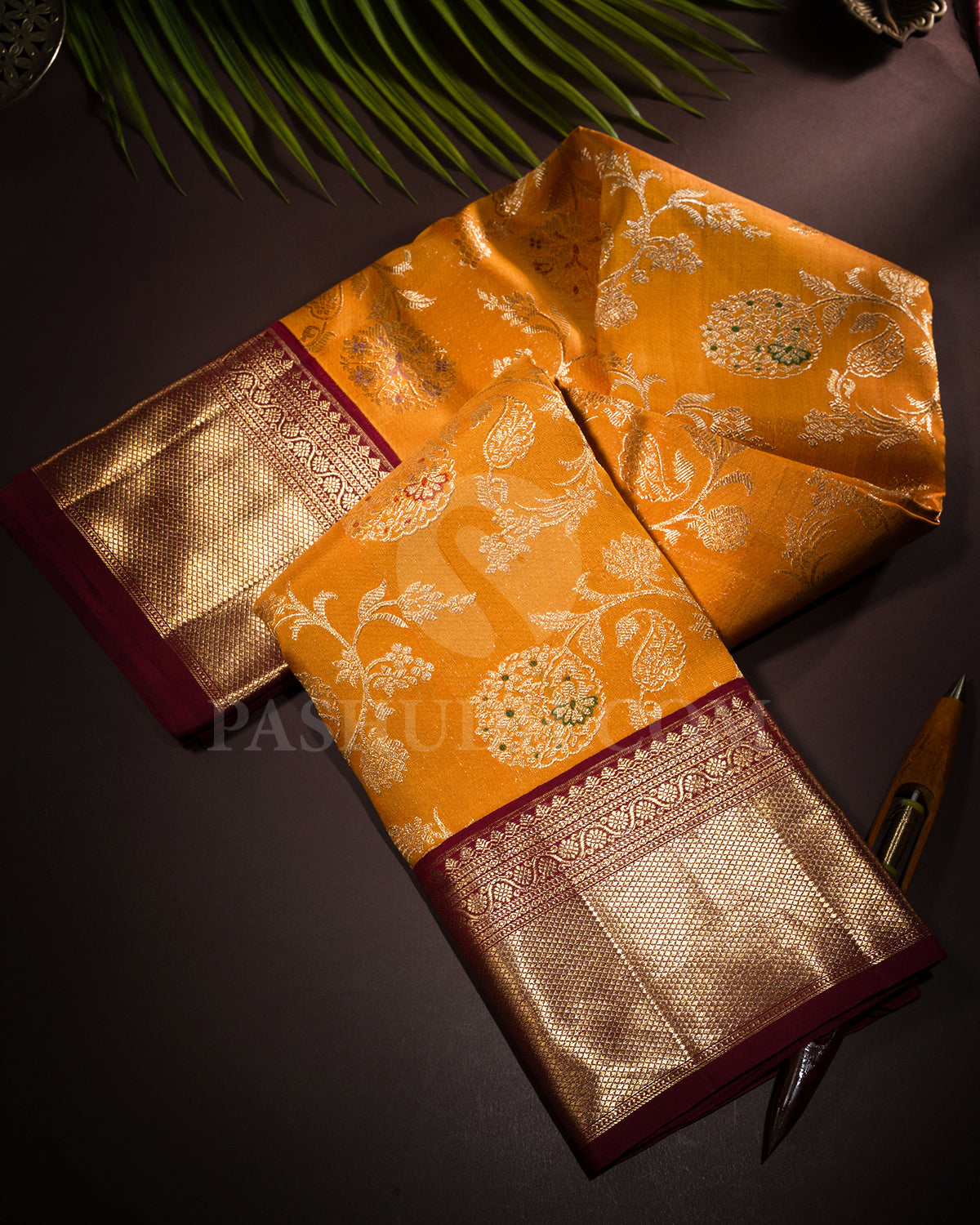 Mango Yellow And Maroon Kanjivara Silk Saree - S1402(A)