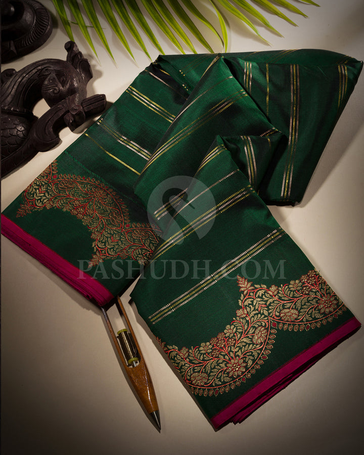 Bottle Green And Rani Pink Kanjivaram Silk Saree - S1401(A)