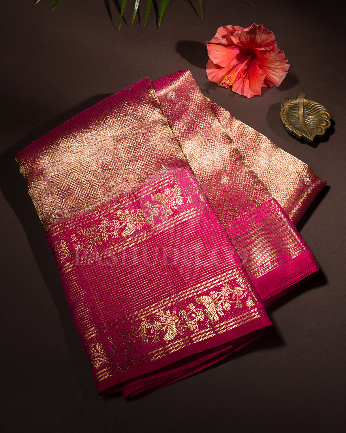 Pinkish Gold And Rani Pink Shimmer Organza Kanjivaram Silk Saree - S1385(A)