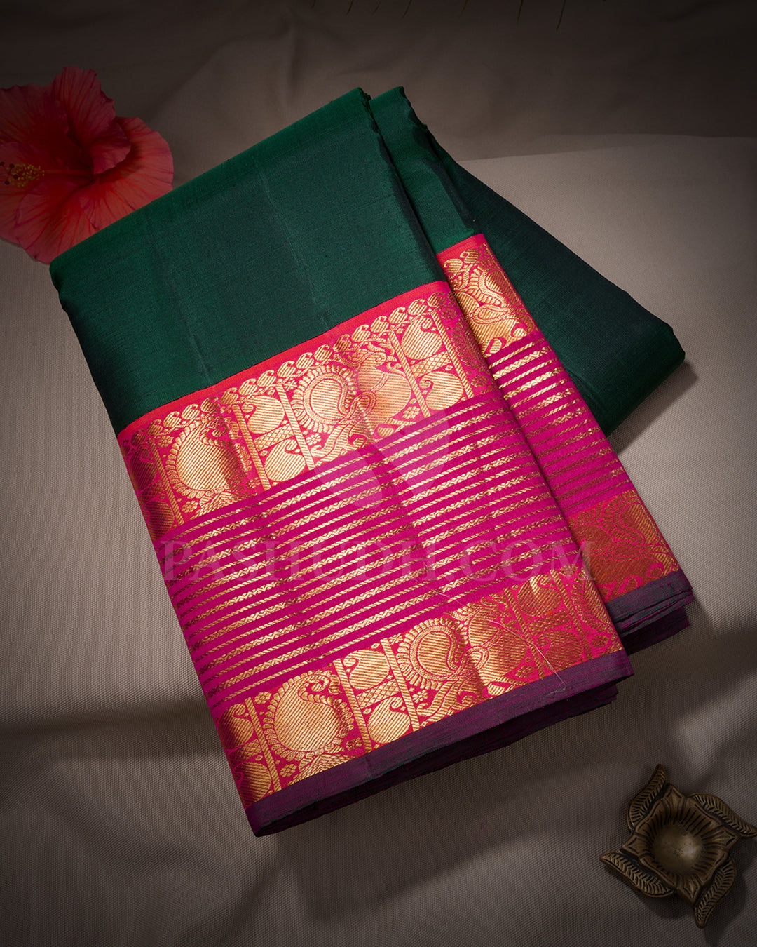 Bottle Green And Orange Shot Rani Pink Kanjivaram Silk Saree - BKF16