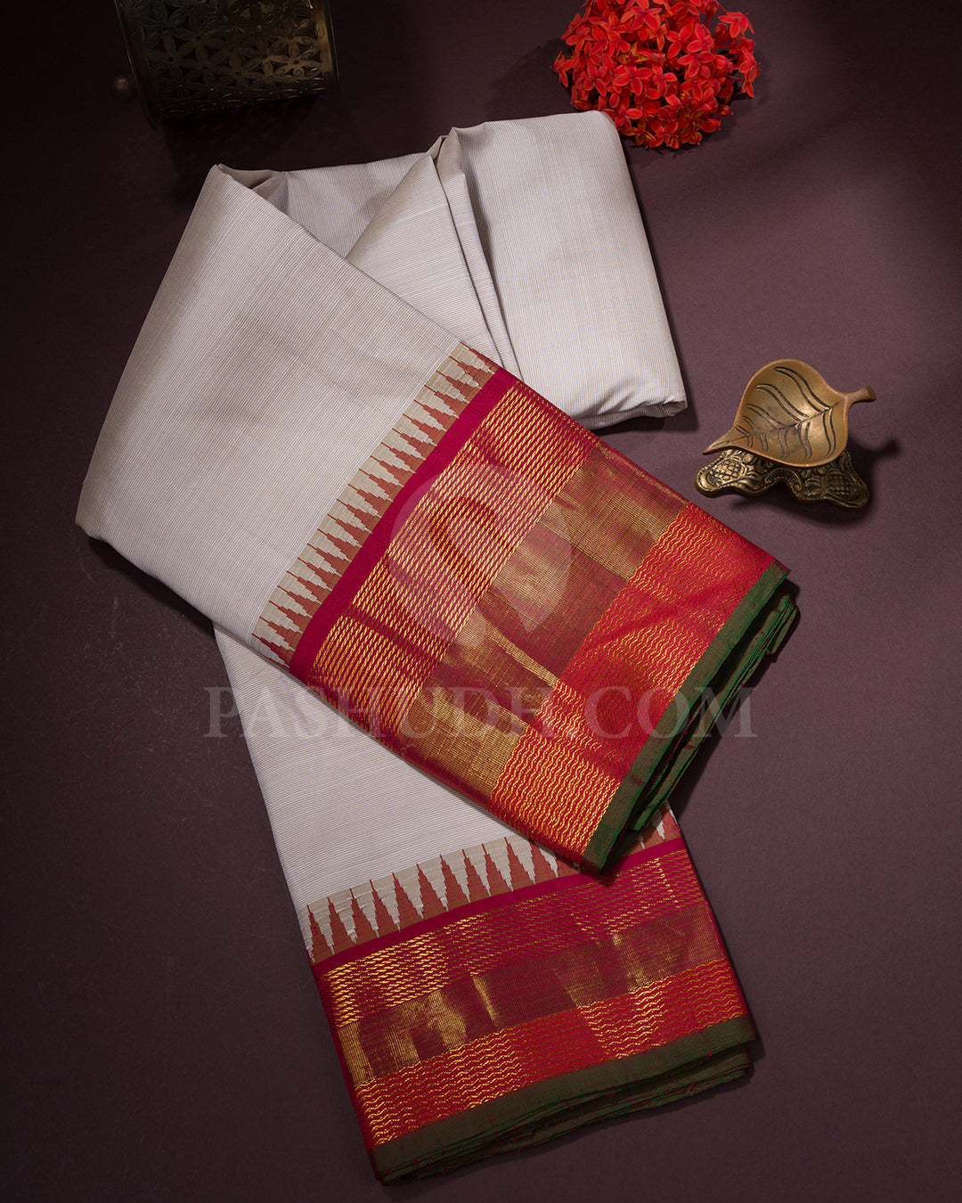 Beige And Red Kanjivaram Silk Saree - BKF20