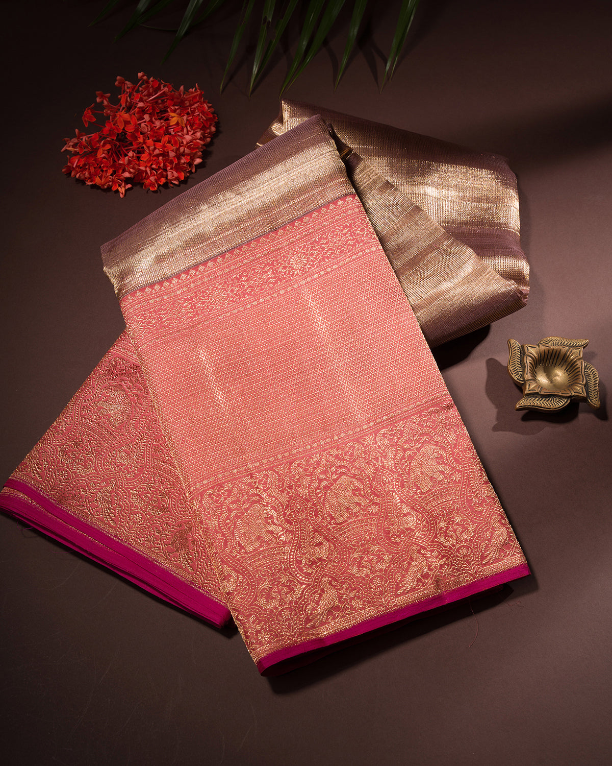 Antique Gold And Peachy Pink Shimmer Organza Kanjivaram Silk Saree - S1347( C )