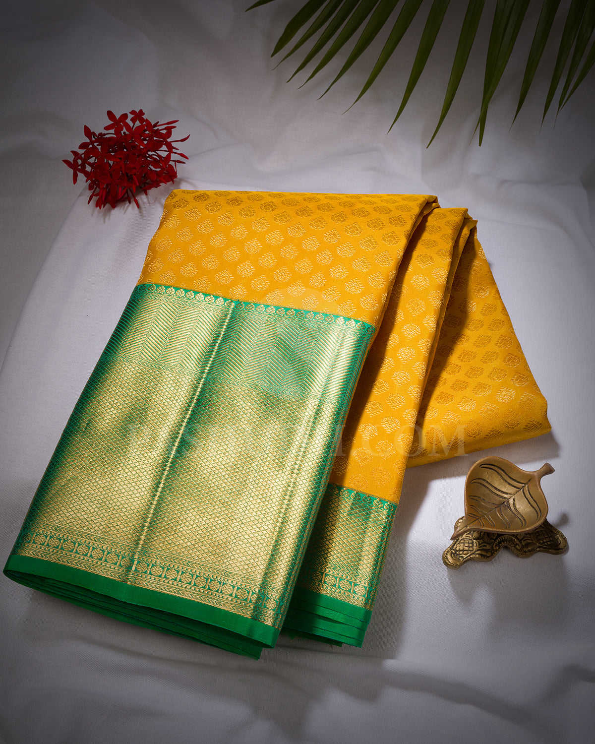 Mango Yellow And Emerald Green Kanjivaram Silk Saree - BKB8