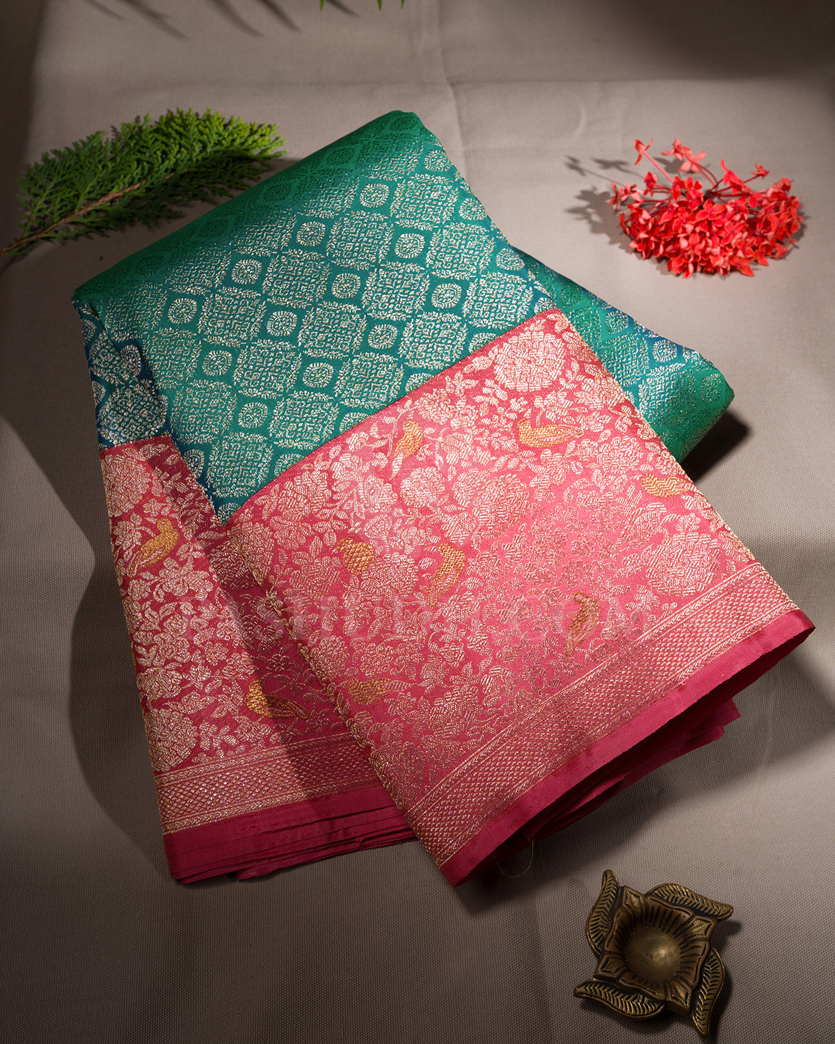 Green Shot Blue And Watermelon Pink Kanjivaram Silk Saree - S1387(A)