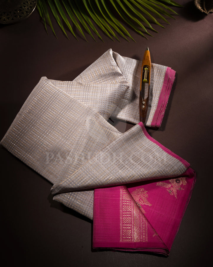 Grey And Punch Pink Borderless Kanjivaram Silk Saree - S1419(A)