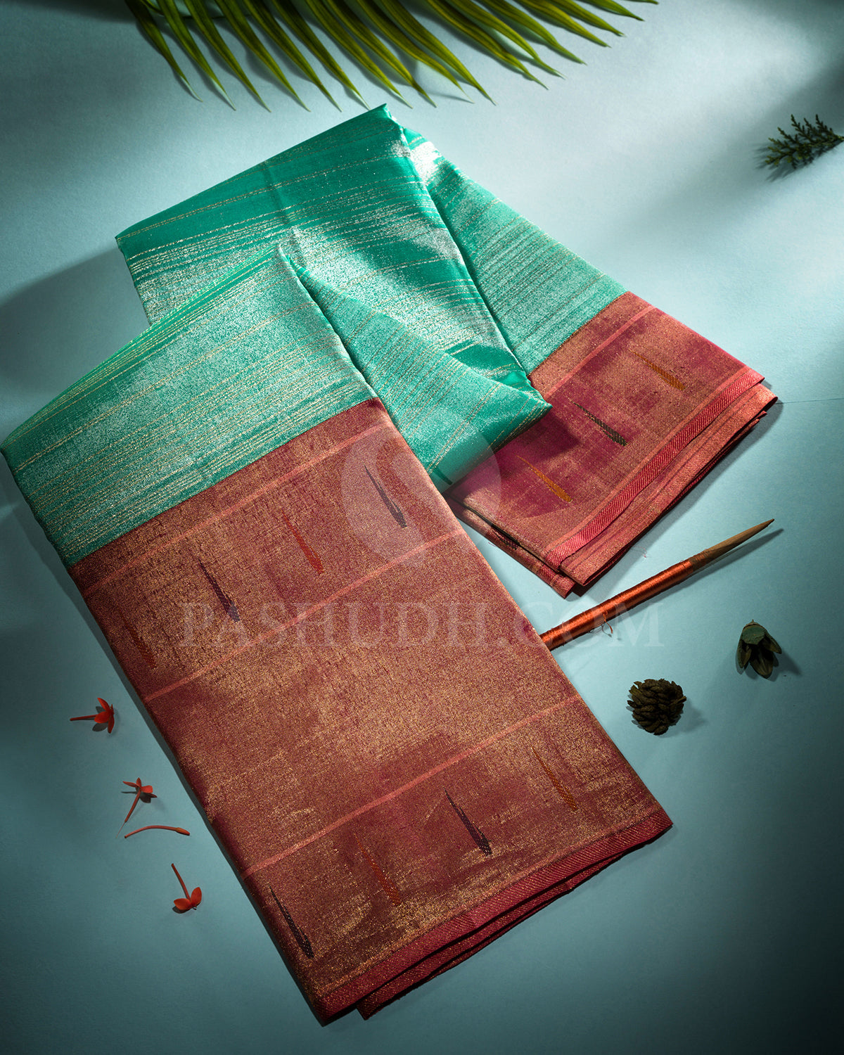 Sea Green And Peachy Pink Tissue Shimmer Kanjivaram Silk Saree - S1406(A)